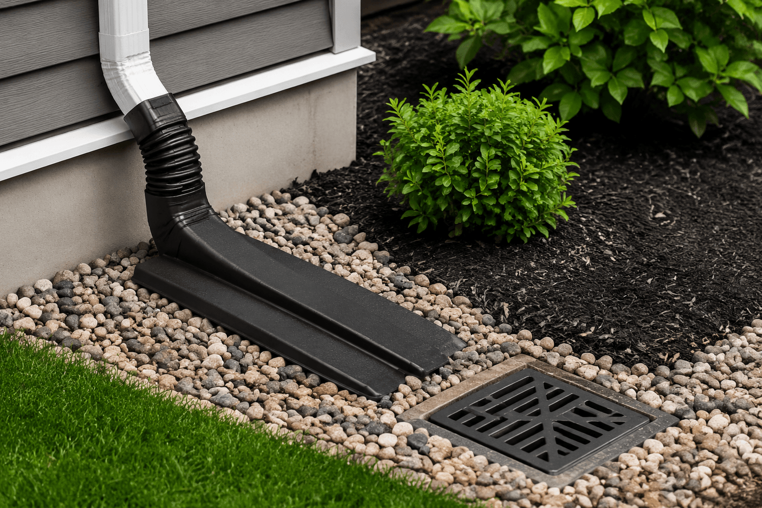 Downspout extender directing stormwater away from foundation